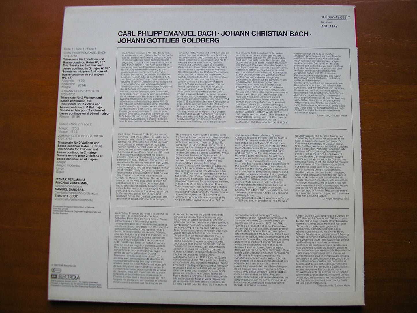 BACH JC / BACH CPE / GOLDBERG: TRIO SONATAS     PEERLMAN / ZUKERMAN / EDDY / SANDERS    ASD 4172