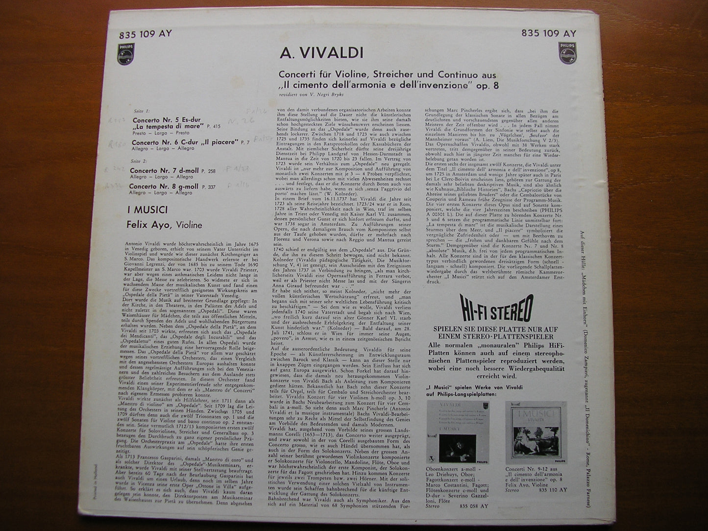 VIVALDI: FOUR CONCERTOS Op. 8 'The Contest Between Harmony & Invention'       AYO / I MUSICI         835 109 AY