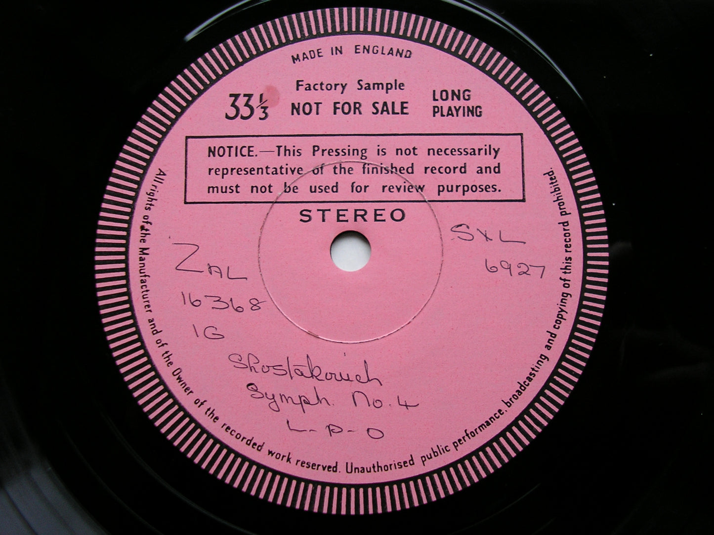 SHOSTAKOVICH: SYMPHONY No. 4      HAITINK / LONDON PHILHARMONIC    test pressing     SXL 6927