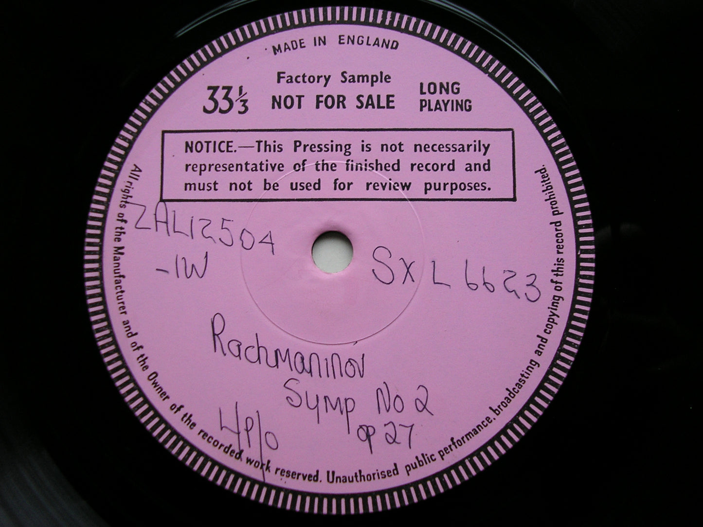 RACHMANINOV: SYMPHONY No. 2      WELLER / LONDON PHILHARMONIC   test pressing     SXL 6623