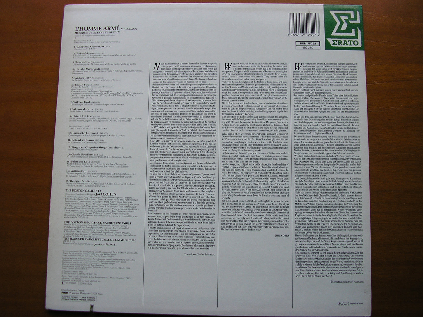 L'HOMME ARMEE: Music of War and Peace 1450 - 1650     THE BOSTON CAMERATA / COHEN     NUM 75252