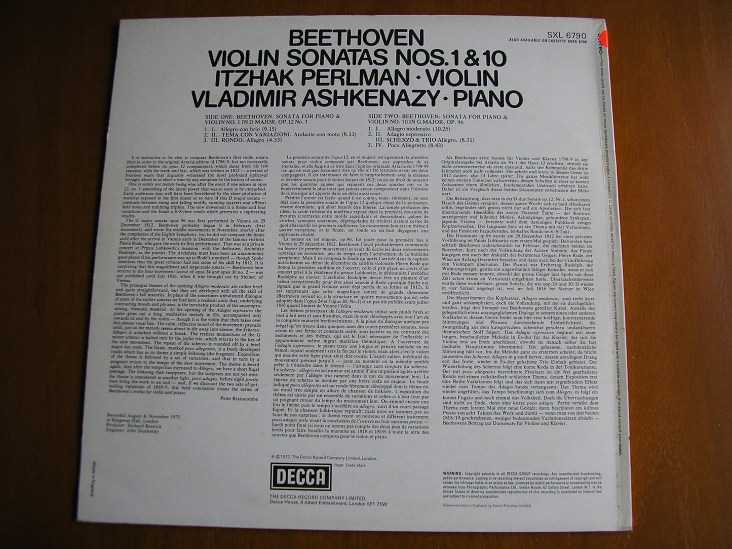 BEETHOVEN: VIOLIN SONATAS Op. 12 No. 1 & Op. 96      PERLMAN / ASHKENAZY   test pressing     SXL 6790