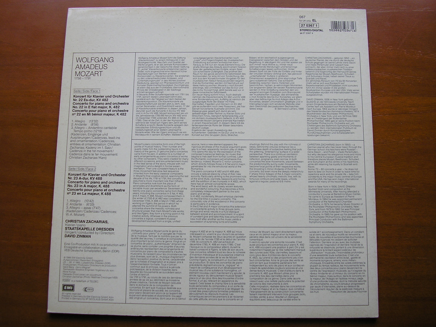 MOZART: PIANO CONCERTOS Nos. 22 & 23      ZACHARIAS / DRESDEN STATE ORCHESTRA / ZINMAN      27 0367