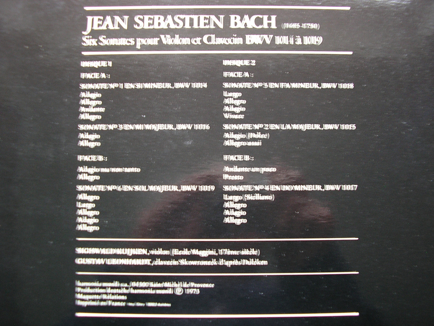 BACH: SIX SONATAS FOR VIOLIN & HARPSICHORD BWV 1014-1019      KUIJKEN / LEONHARDT   2LP    HM 2.901