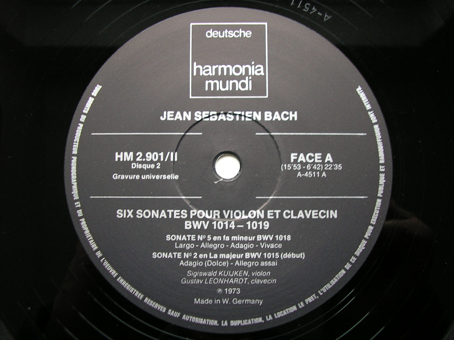 BACH: SIX SONATAS FOR VIOLIN & HARPSICHORD BWV 1014-1019      KUIJKEN / LEONHARDT   2LP    HM 2.901