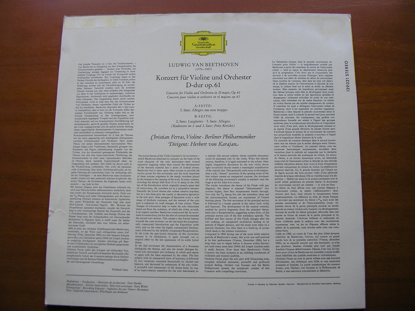 BEETHOVEN: VIOLIN CONCERTO     FERRAS / BERLIN PHILHARMONIC / KARAJAN     139 021