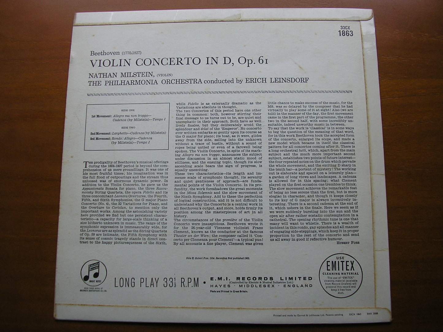 BEETHOVEN: VIOLIN CONCERTO     MILSTEIN / PHILHARMONIA / LEINSDORF    33CX 1863