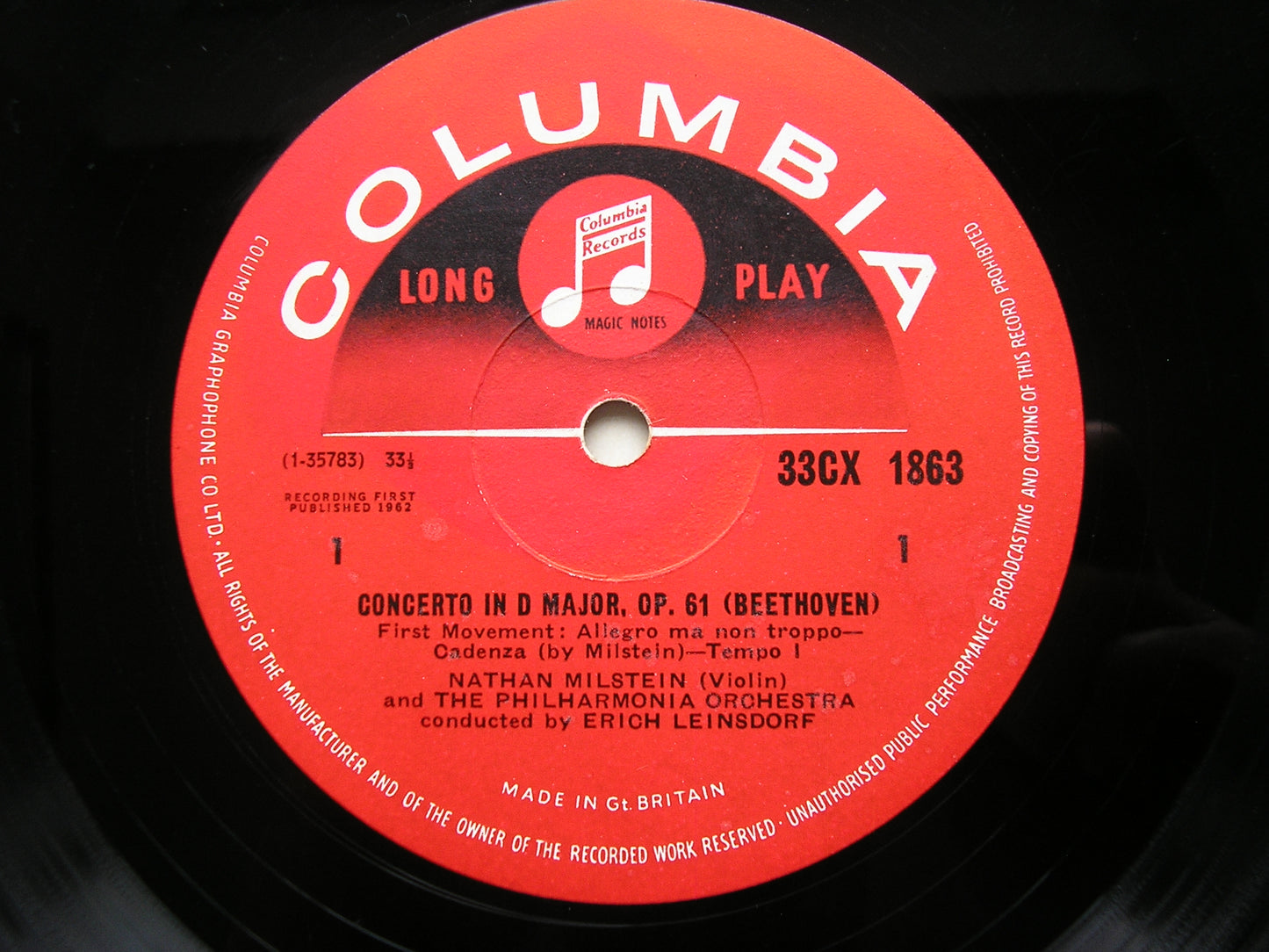 BEETHOVEN: VIOLIN CONCERTO     MILSTEIN / PHILHARMONIA / LEINSDORF    33CX 1863