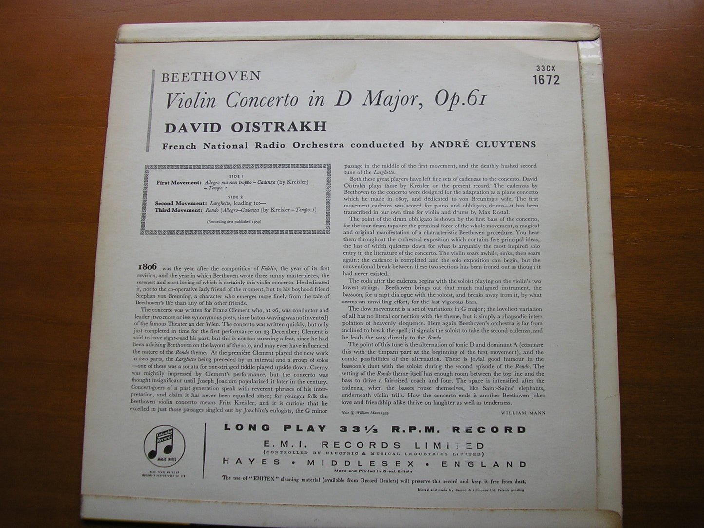 BEETHOVEN: VIOLIN CONCERTO     OISTRAKH / FRENCH NATIONAL RADIO ORCHESTRA / CLUYTENS      33CX 1672