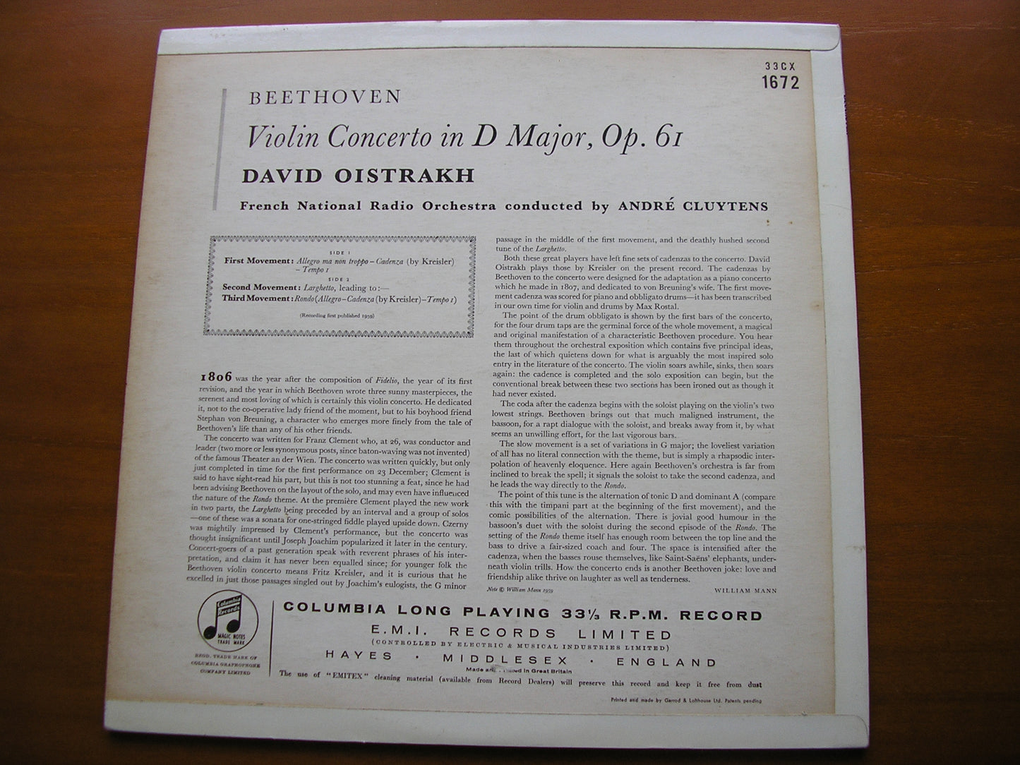BEETHOVEN: VIOLIN CONCERTO     OISTRAKH / FRENCH NATIONAL RADIO ORCHESTRA / CLUYTENS     33CX 1672