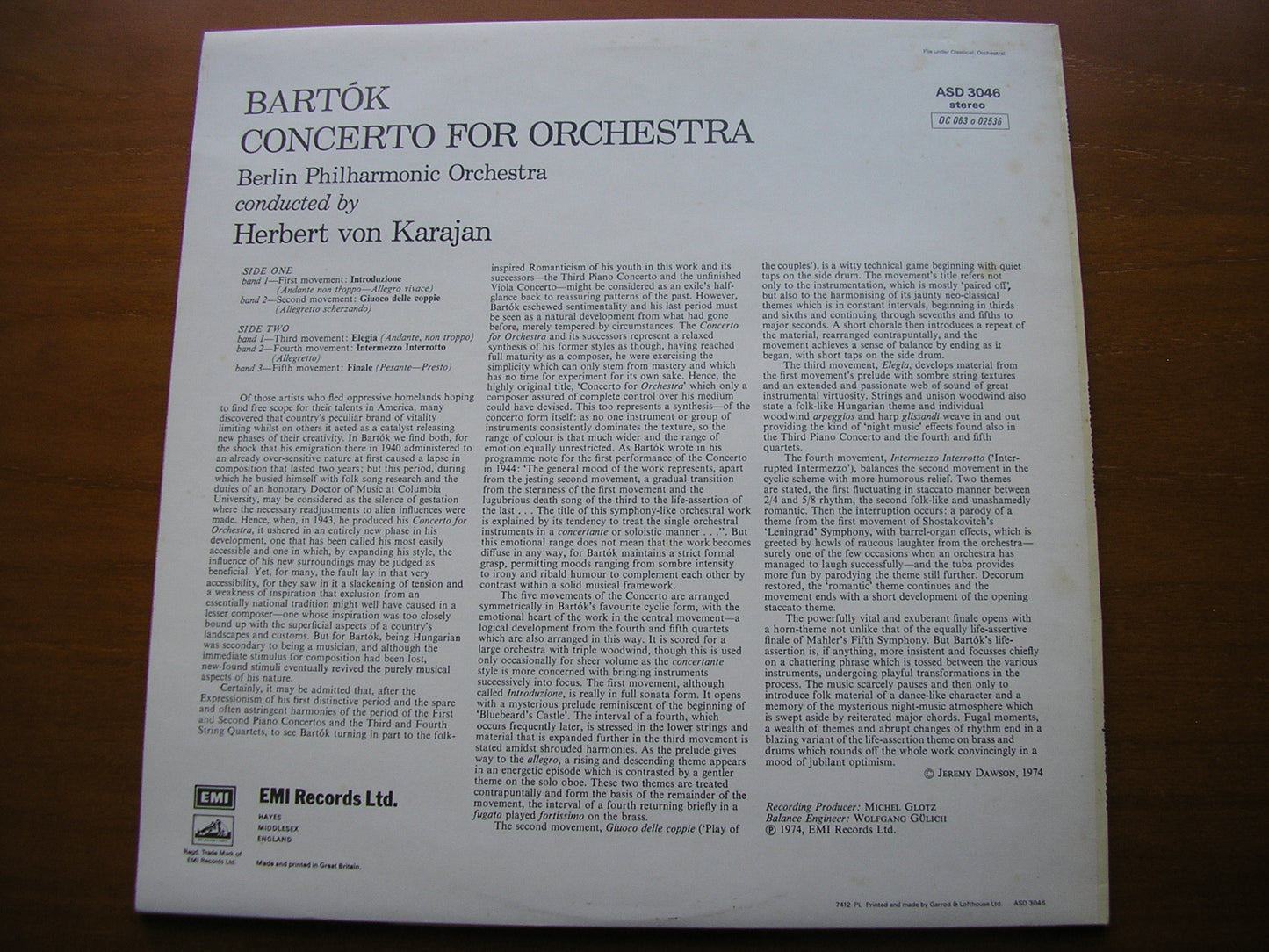BARTOK: CONCERTO FOR ORCHESTRA     KARAJAN / BERLIN PHILHARMONIC    ASD 3046
