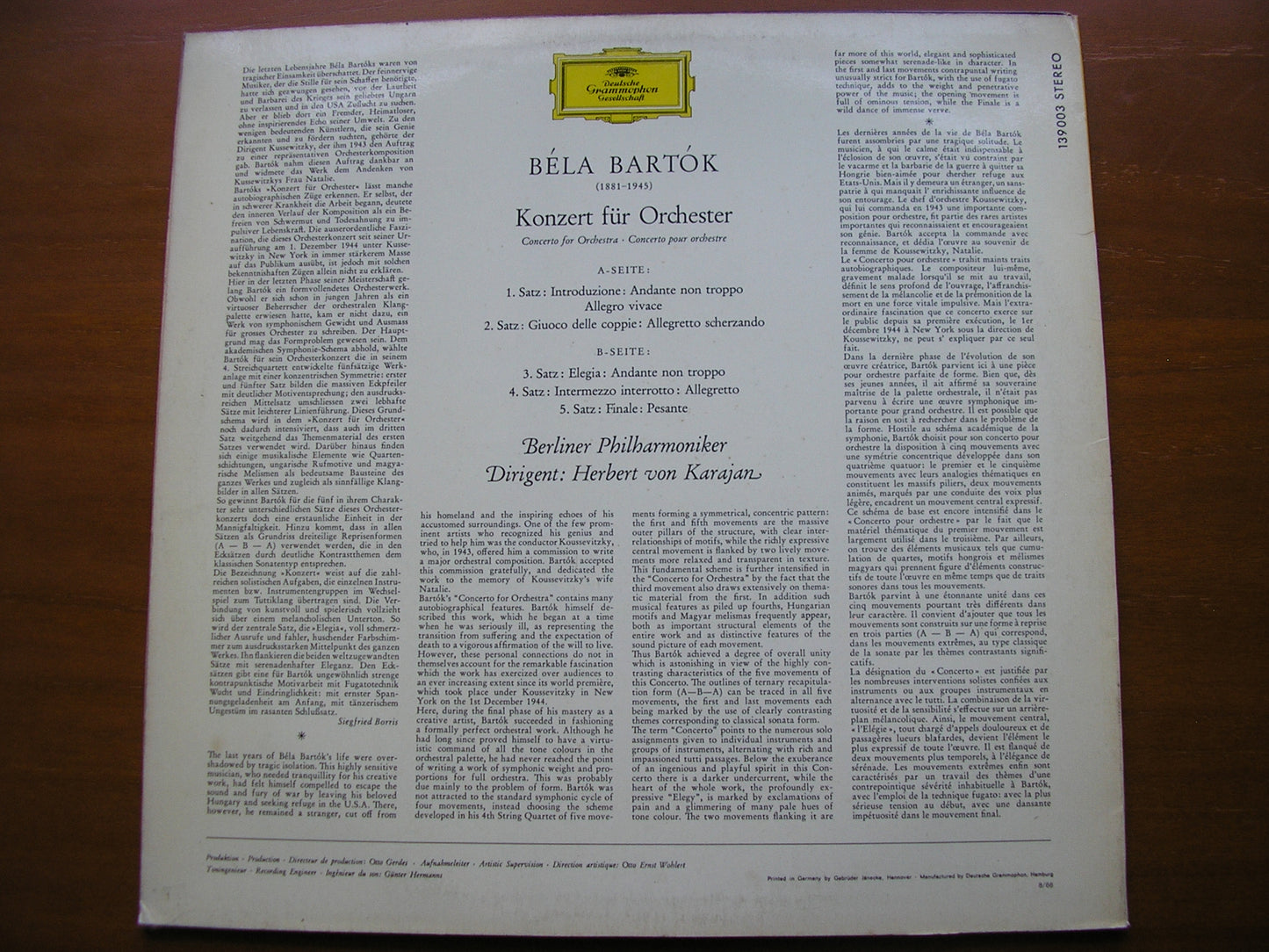 BARTOK: CONCERTO FOR ORCHESTRA      KARAJAN / BERLIN PHILHARMONIC     139 003