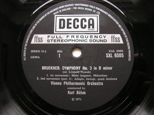 BRUCKNER: SYMPHONY No. 3      BOHM / VIENNA PHILHARMONIC      SXL 6505