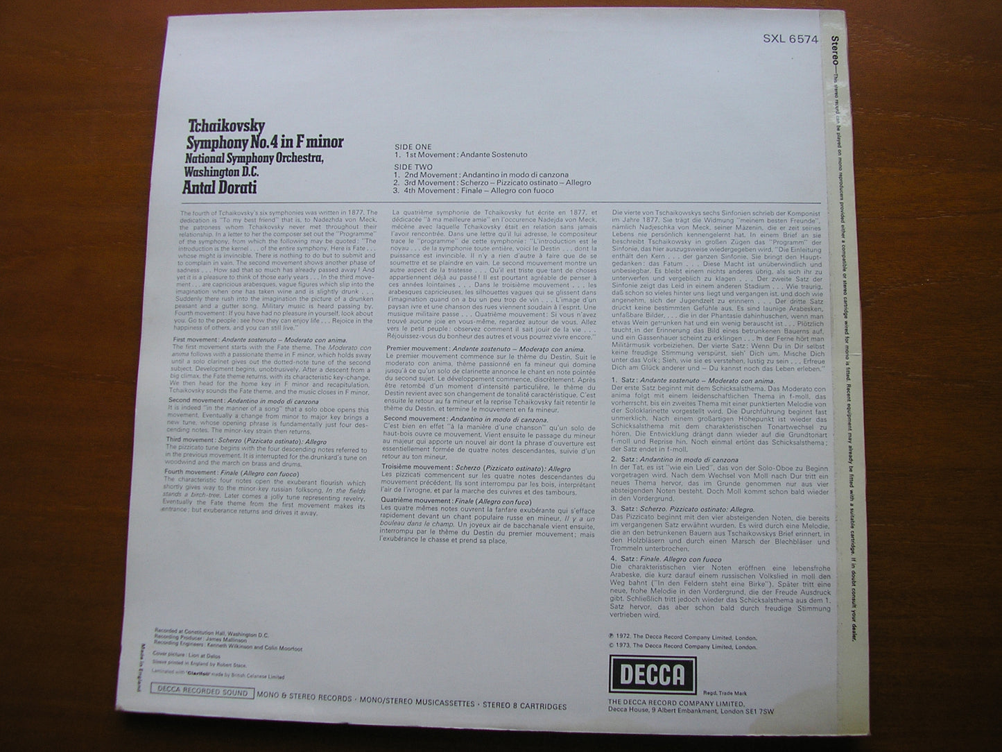 TCHAIKOVSKY: SYMPHONY No. 4     ANTAL DORATI / NATIONAL SYMPHONY ORCHESTRA WASHINGTON DC   SXL 6574