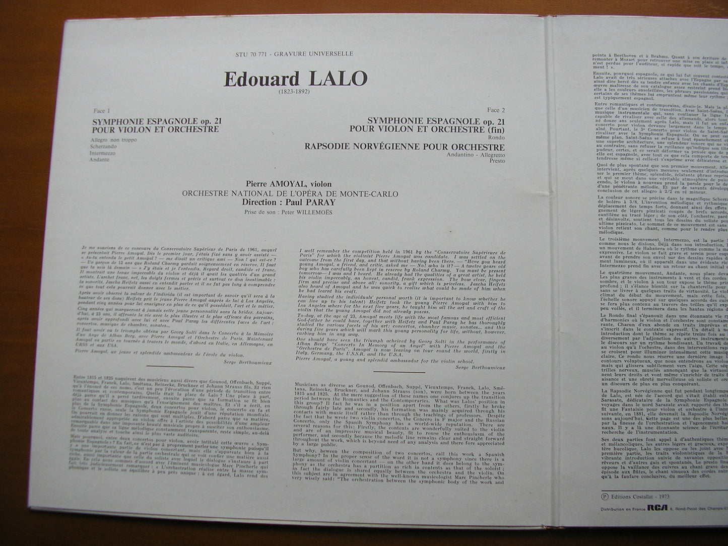 LALO: SYMPHONIE ESPAGNOLE / RHAPSODIE NORVEGIENNE    AMOYAL / MONTE CARLO OPERA ORCHESTRA / PARAY    STU 70771