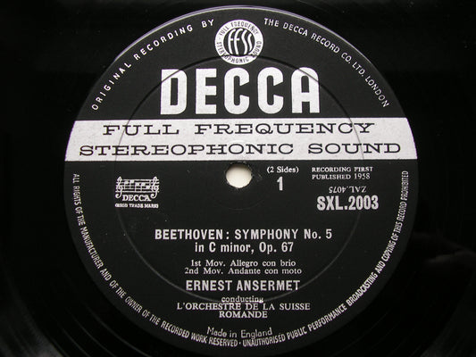 BEETHOVEN: SYMPHONY No. 5 / EGMONT OVERTURE     ANSERMET / SUISSE ROMANDE    SXL 2003