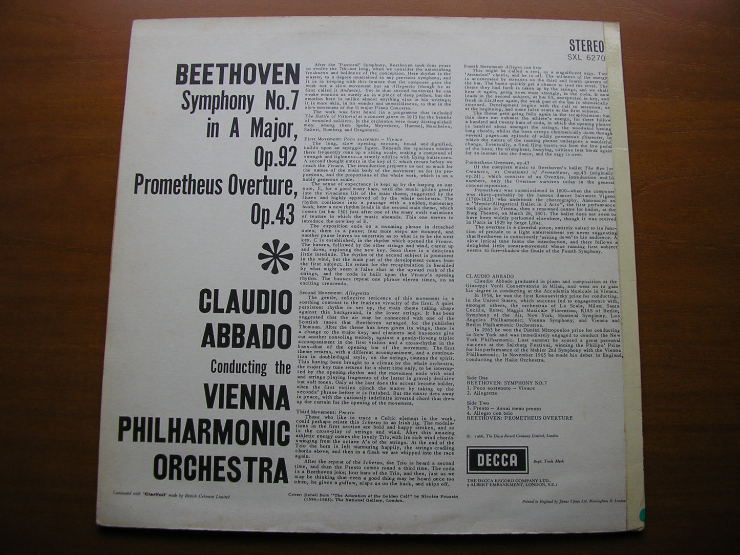 BEETHOVEN: SYMPHONY No. 7 / OVERTURE Prometheus     ABBADO / VIENNA PHILHARMONIC     SXL 6270