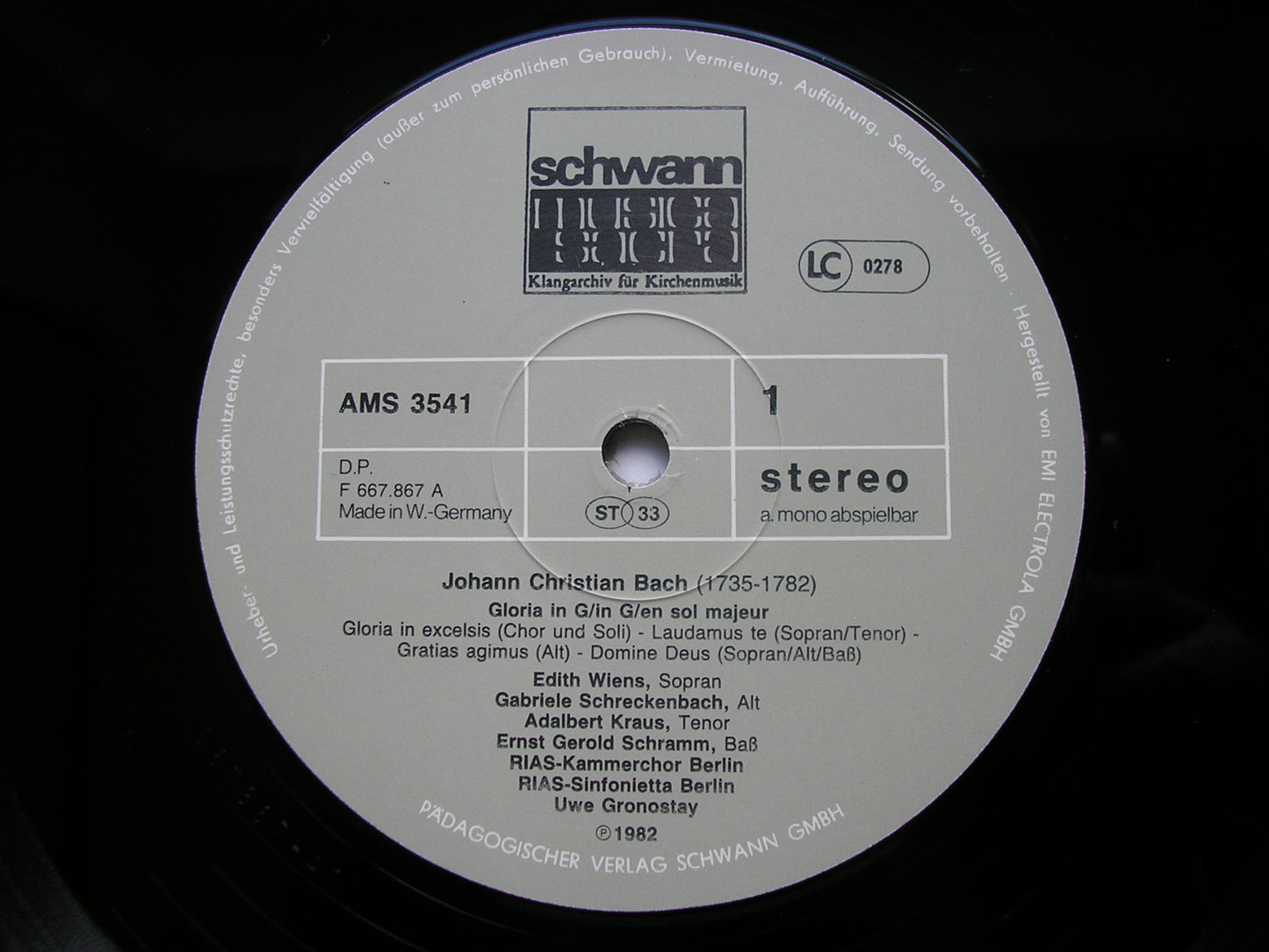 JC BACH: GLORIA in G     SOLOISTS / BERLIN RADIO SYMPHONY / GRONOSTAY     AMS 3541