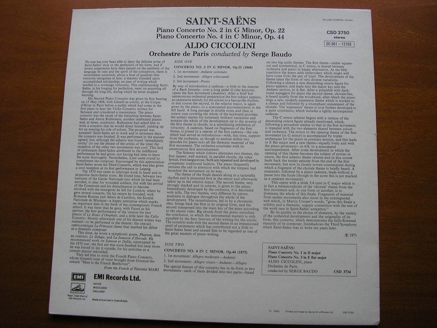 SAINT-SAENS: PIANO CONCERTOS Nos. 2 & 4    CICCOLINI / ORCHESTRE DE PARIS / BAUDO   CSD 3750