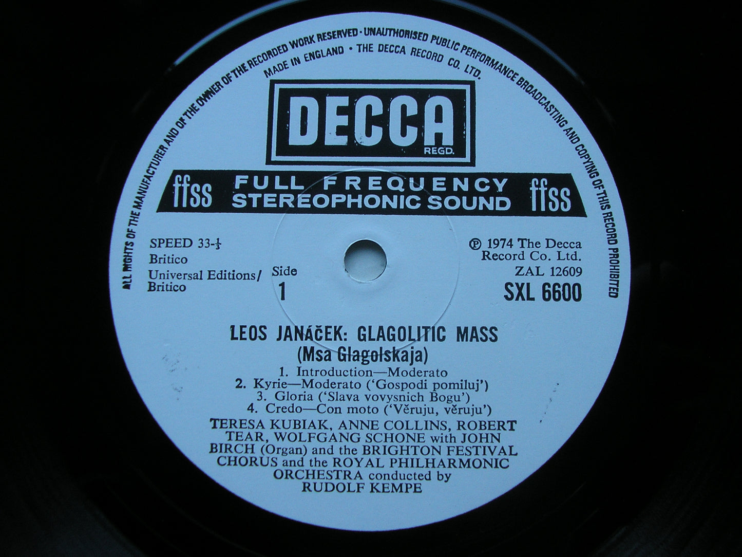 JANACEK: GLAGOLITIC MASS     SOLOISTS / ROYAL PHILHARMONIC / KEMPE    SXL 6600