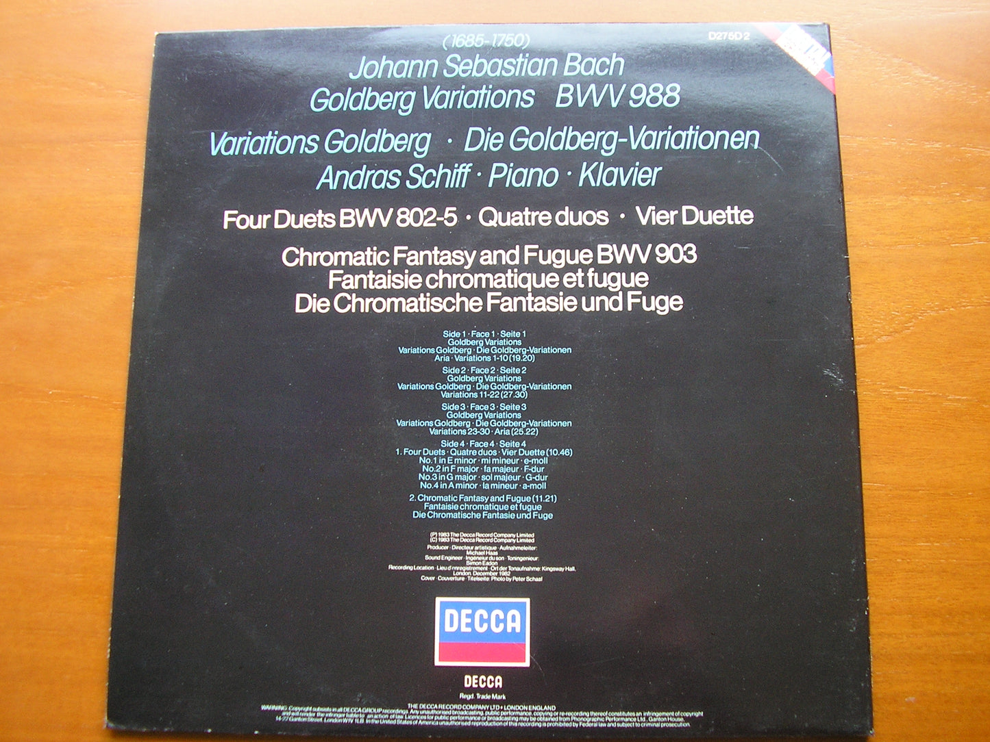 BACH: GOLDBERG VARIATIONS / FOUR DUETS / CHROMATIC FANTASY      ADRAS SCHIFF     D275D2