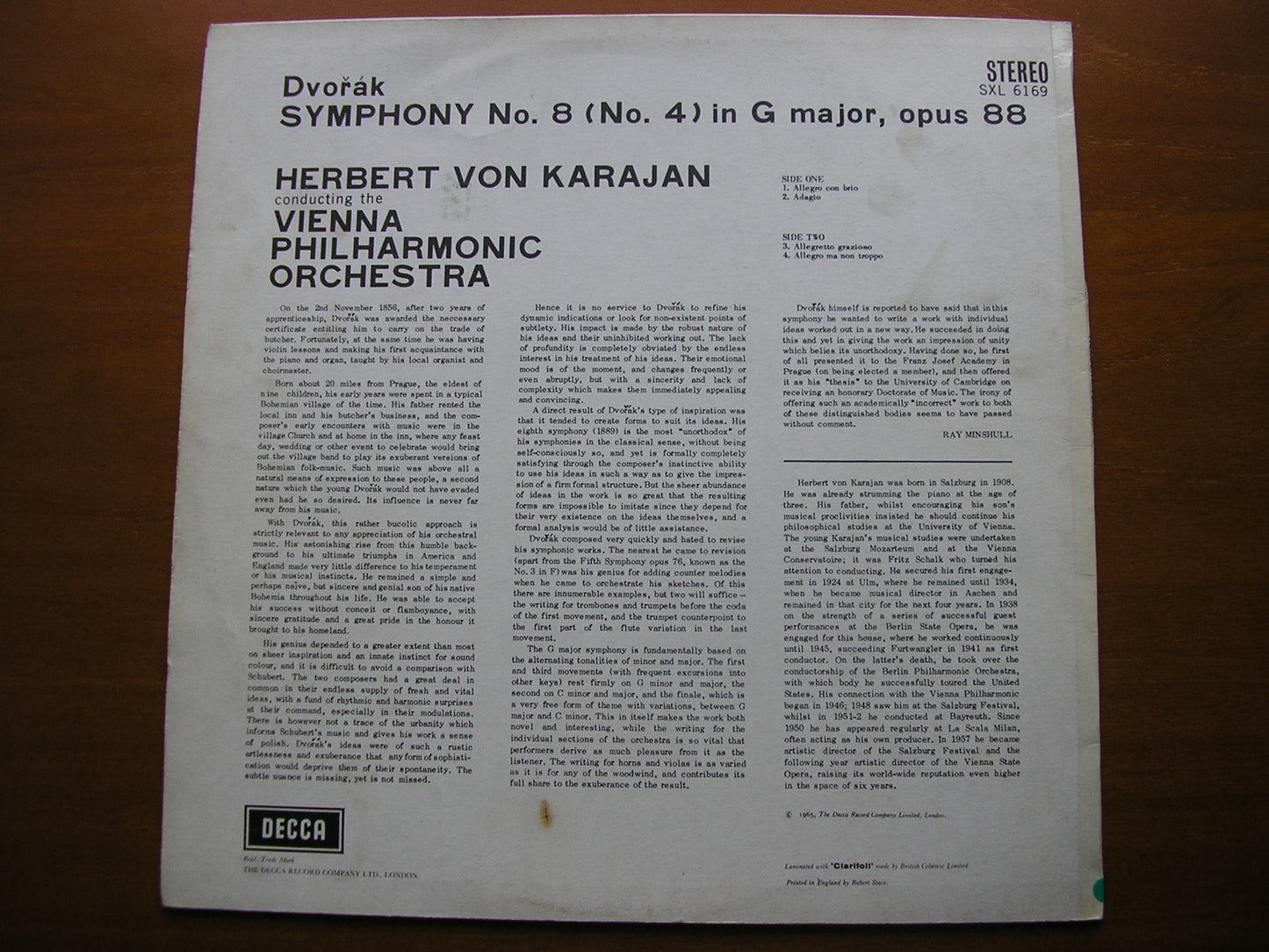 DVORAK: SYMPHONY No. 8     KARAJAN / VIENNA PHILHARMONIC      SXL 6169