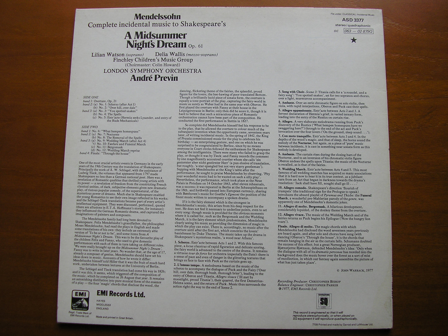 MENDELSSOHN: A MIDSUMMER NIGHT'S DREAM   WATSON / WALLIS / LSO / PREVIN       ASD 3377