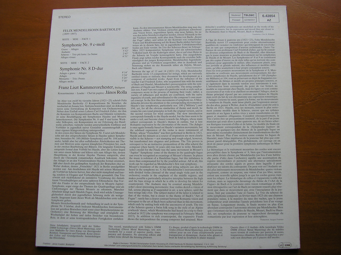 MENDELSSOHN: STRING SYMPHONIES Nos. 8 & 9     FRANZ LISZT CHAMBER ORCHESTRA / ROLLA    6.42854