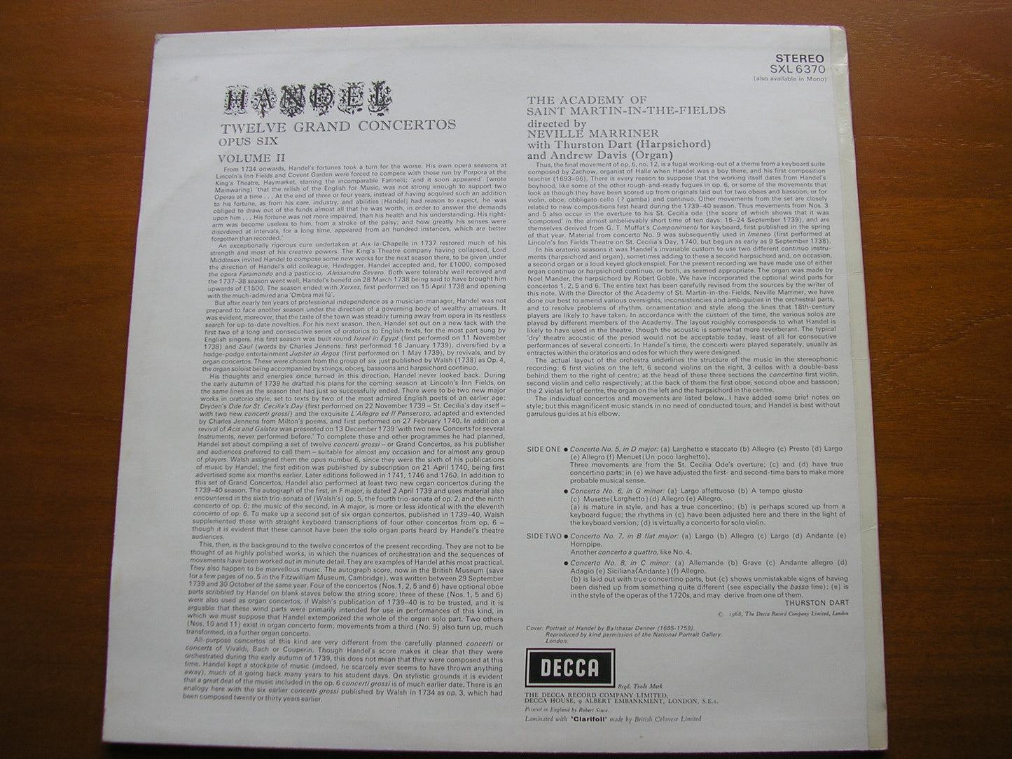 HANDEL: CONCERTI GROSSI Op. 6  Nos. 5 - 8      MARRINER / ACADEMY OF SAINT MARTIN IN THE FIELDS     SXL 6370