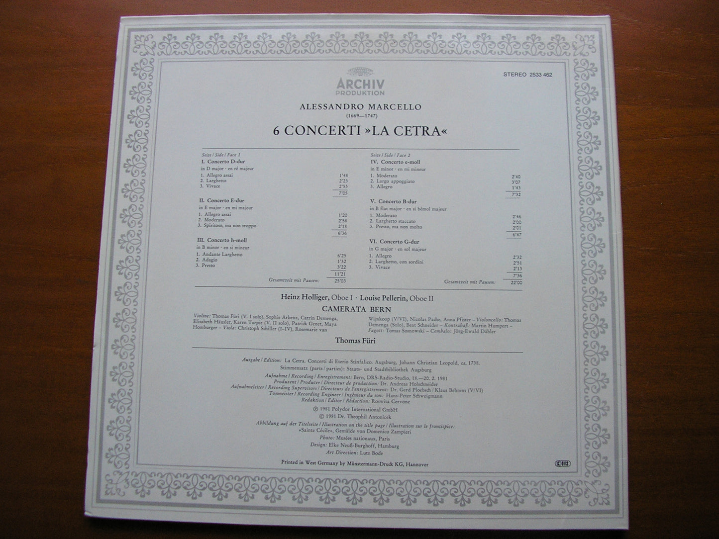 ALESSANDRO MARCELLO: SIX CONCERTI 'La Cetra'     HOLLIGER / PELLERIN / CAMERATA BERN / FURI    2533 462