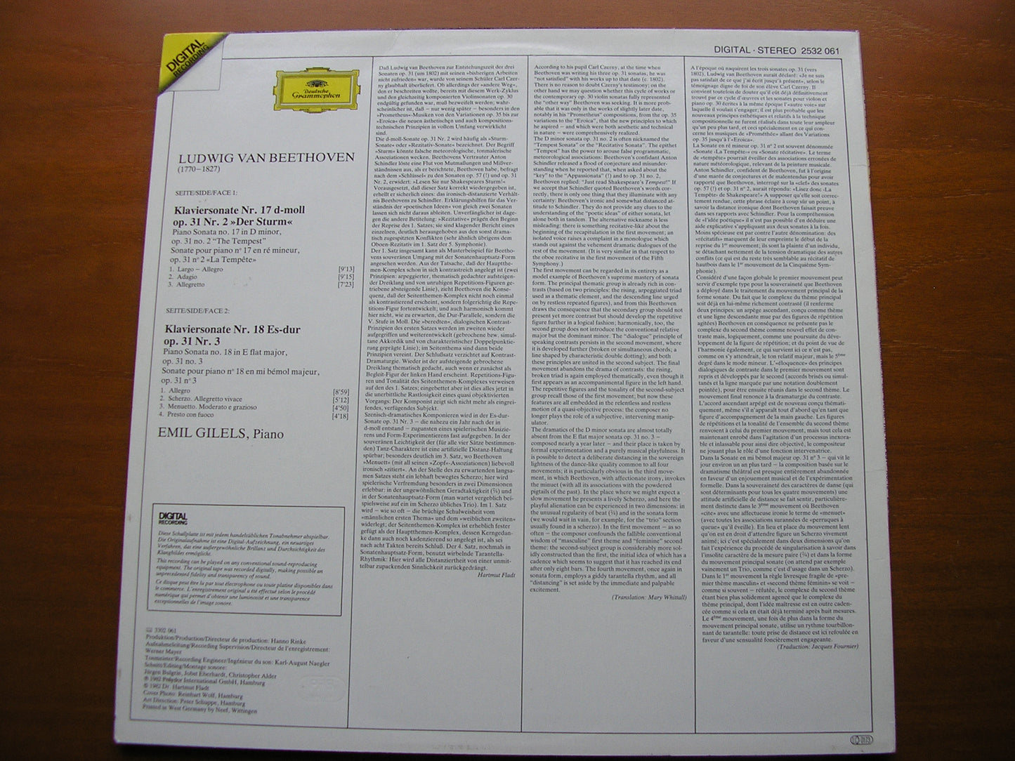 BEETHOVEN: PIANO SONATAS No. 17 'Tempest' / No. 18     EMIL GILELS     2532 061