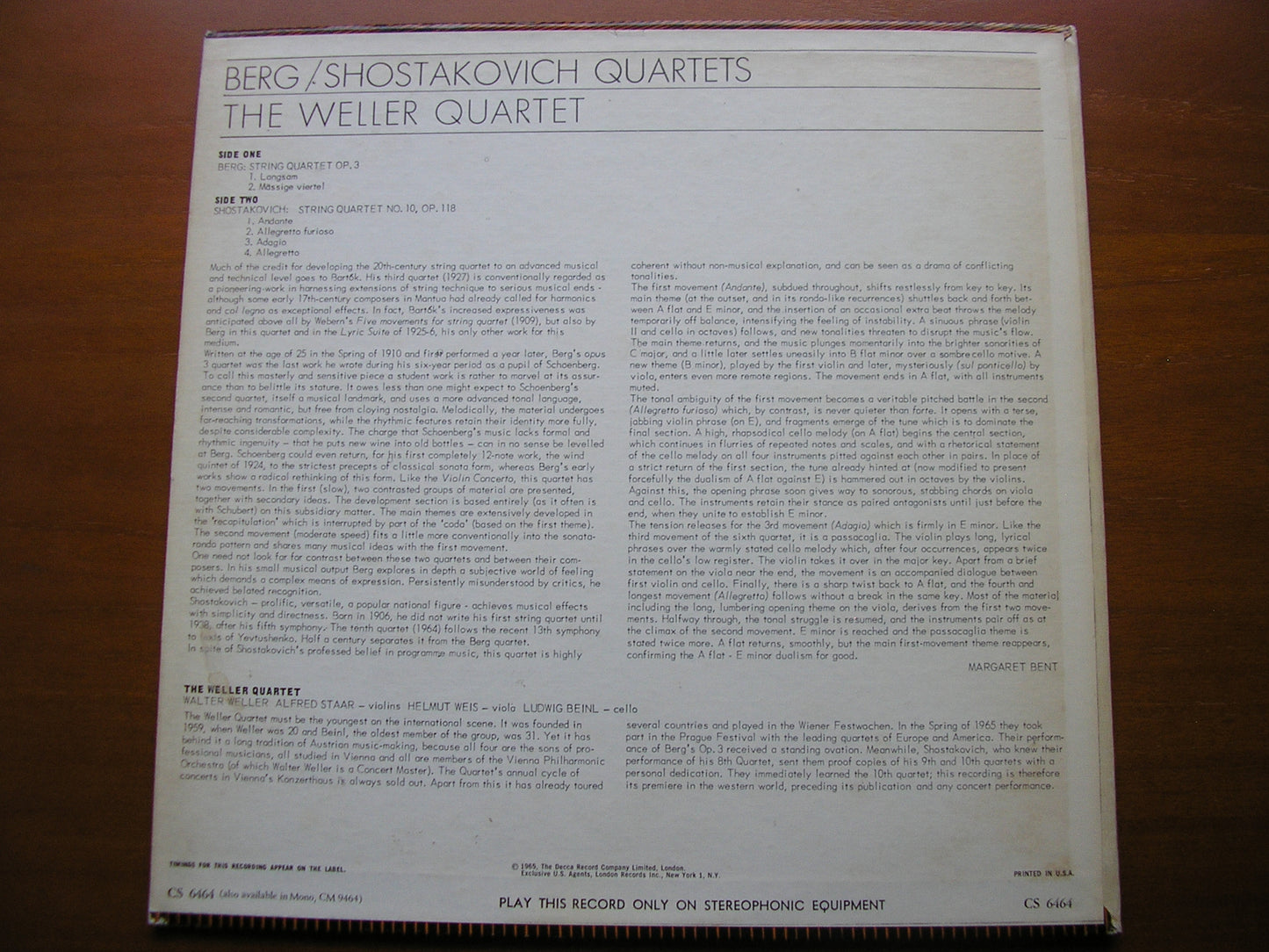 BERG: STRING QUARTET Op. 3 / SHOSTAKOVICH: QUARTET No. 10      THE WELLER QUARTET     CS 6464
