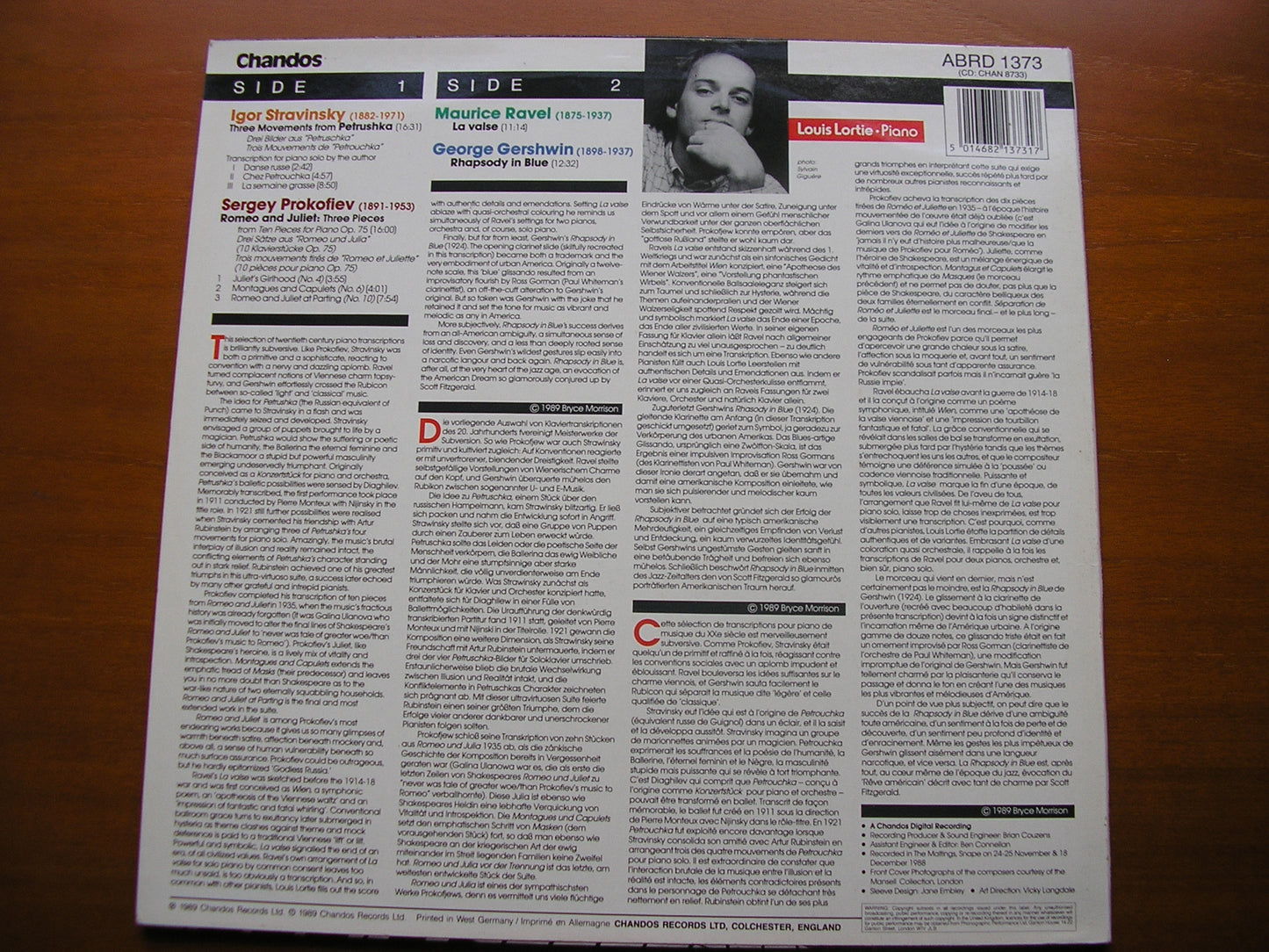 20th CENTURY ORIGINAL PIANO TRANSCRIPTIONS; STRAVINSKY / GERSHWIN / RAVEL / PROKOFIEV      LOUIS LORTIE     ABRD 1373