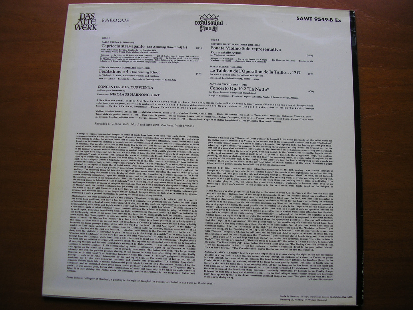 PROGRAMME MUSIC OF THE BAROQUE ERA: FARINA / SCHMELZER / MARAIS / VIVALDI / BIBER       CONCENTUS MUSICUS VIENNA / HARNONCOURT     SAWT 9549