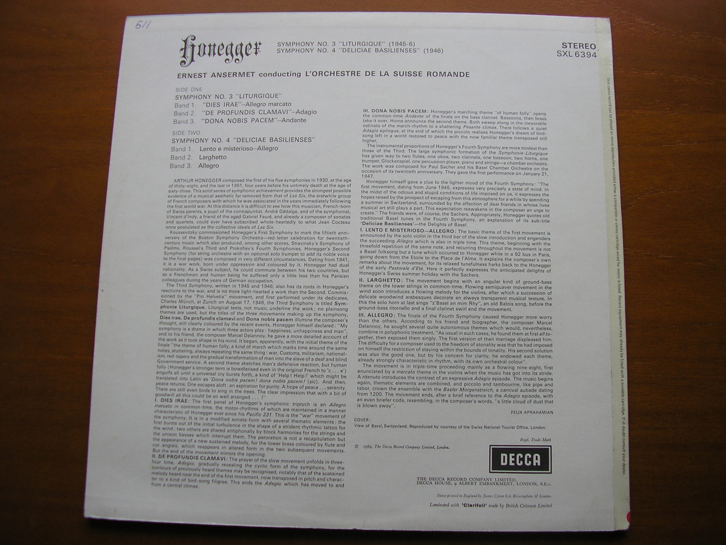 HONEGGER: SYMPHONIES Nos. 3 & 4       ANSERMET / SUISSE ROMANDE    SXL 6394