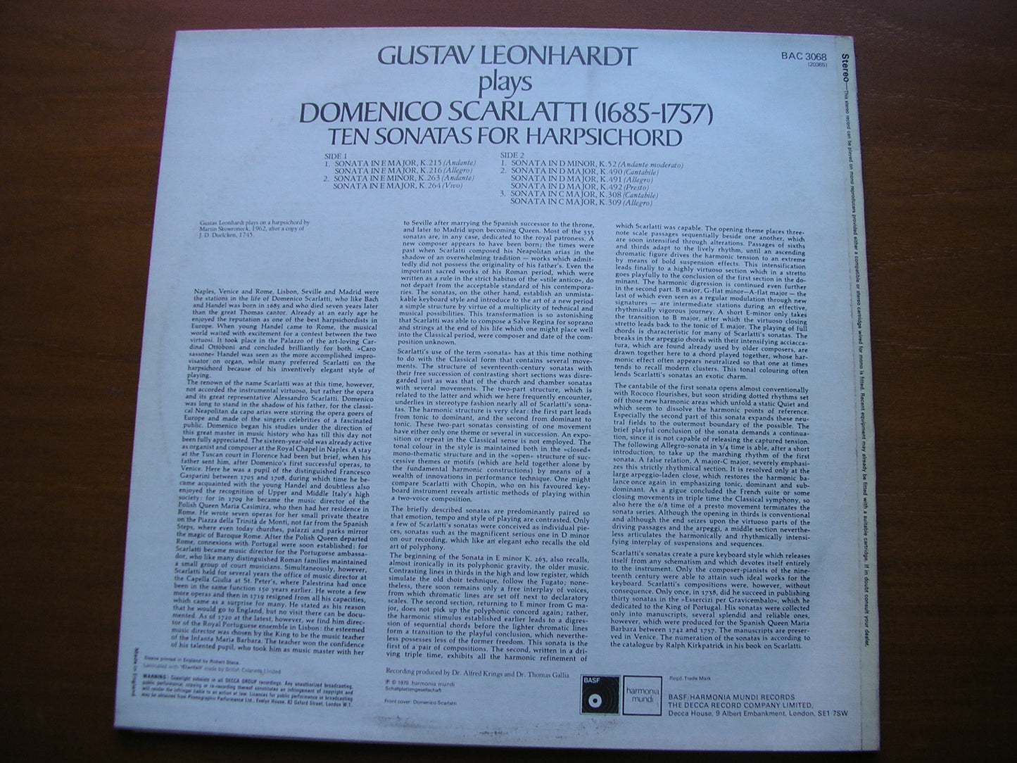 DOMENICO SCARLATTI: TEN SONATAS      GUSTAV LEONHARDT     BAC 3068