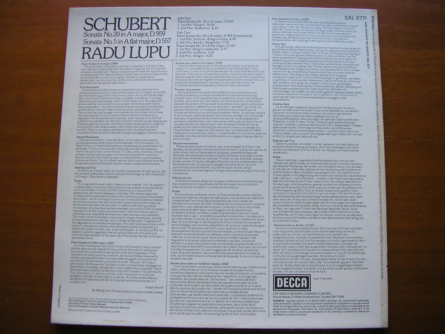 SCHUBERT: PIANO SONATAS No. 5 D.557 & No. 20 D.959      RADU LUPU      SXL 6771