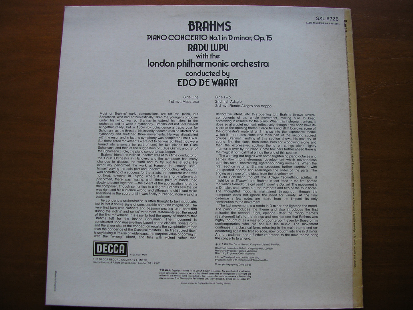 BRAHMS: PIANO CONCERTO No. 1     RADU LUPU / LONDON PHILHARMONIC / EDO DE WAART     SXL 6728