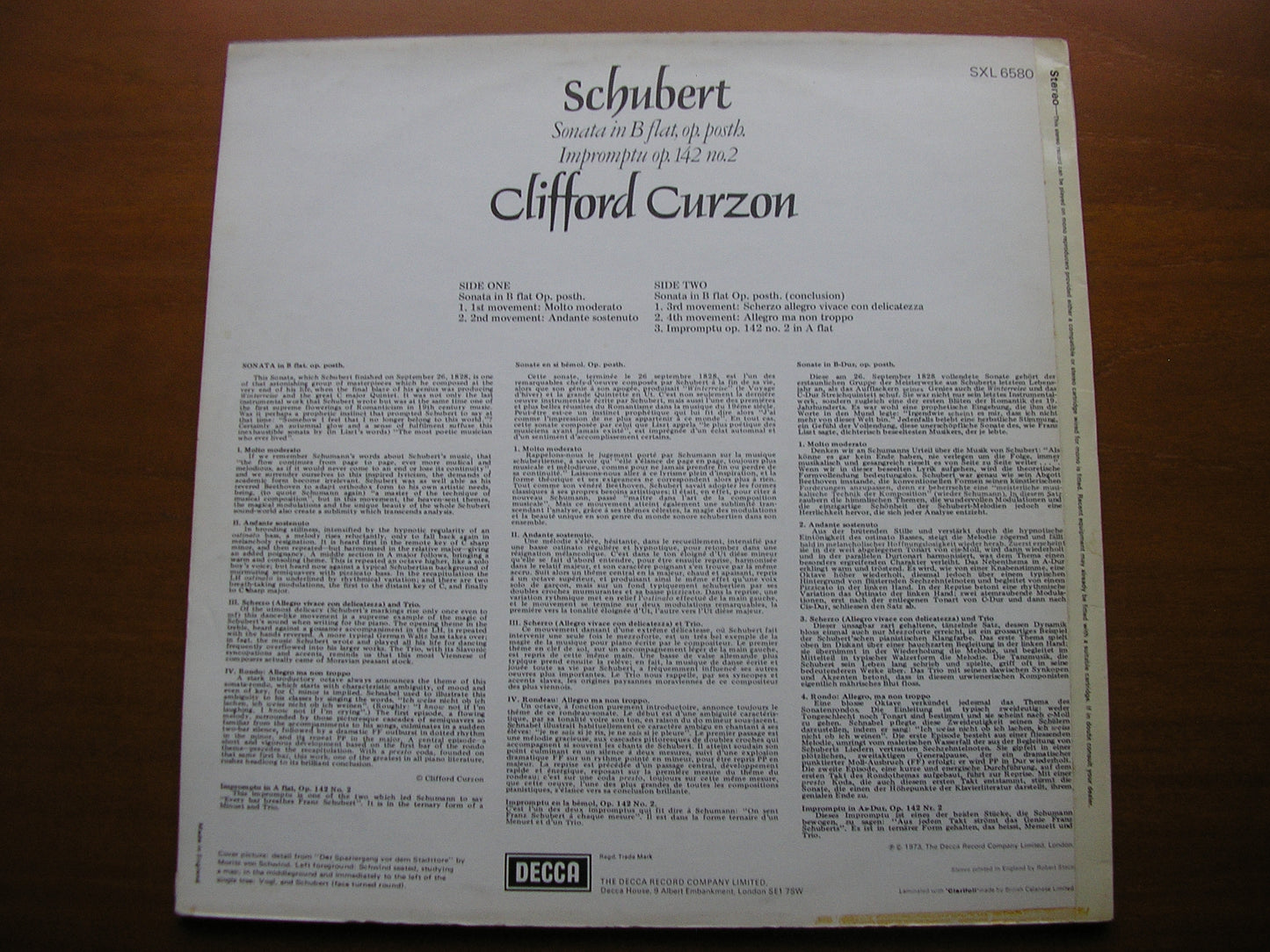 SCHUBERT: PIANO SONATA in B / IMPROMPTU IN A      CLIFFORD CURZON      SXL 6580
