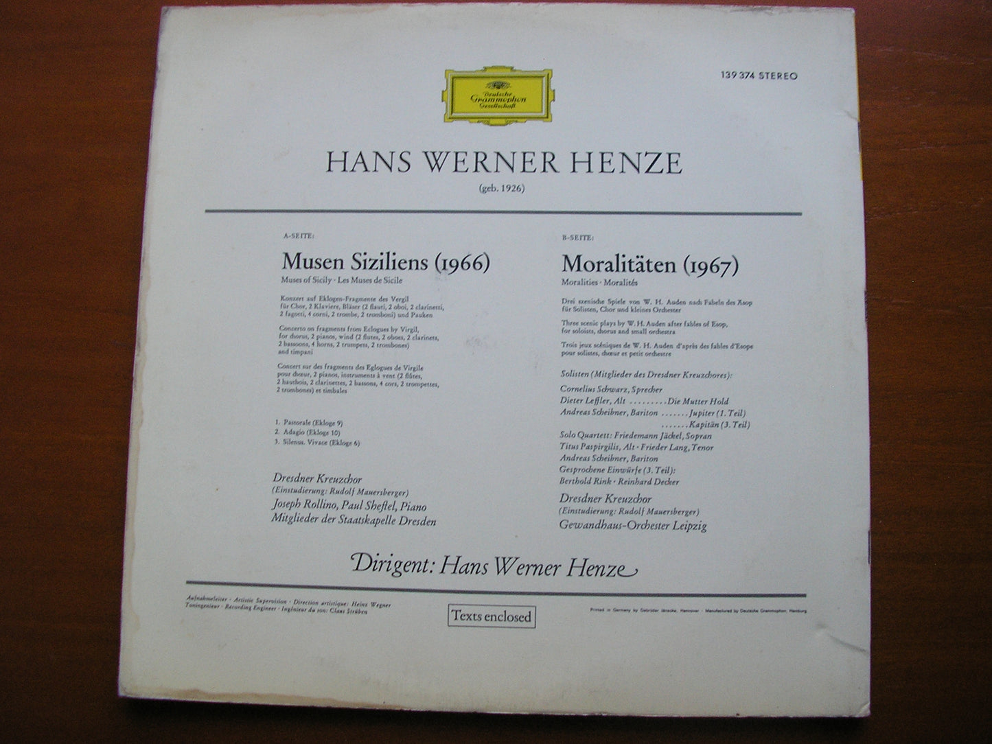 HENZE: MUSES OF SICILY / MORALITIES      SOLOISTS / DRESDEN STAATSKAPELLE / LEIPZIG GEWANDHAUS / HENZE     139 374