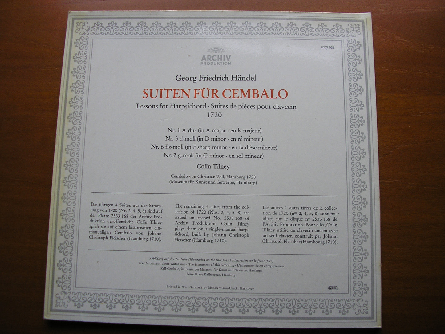 HANDEL: LESSONS FOR HARPSICHORD 1720   Suites Nos. 1 / 3 / 6 / 7     COLIN TILNEY     2533 169