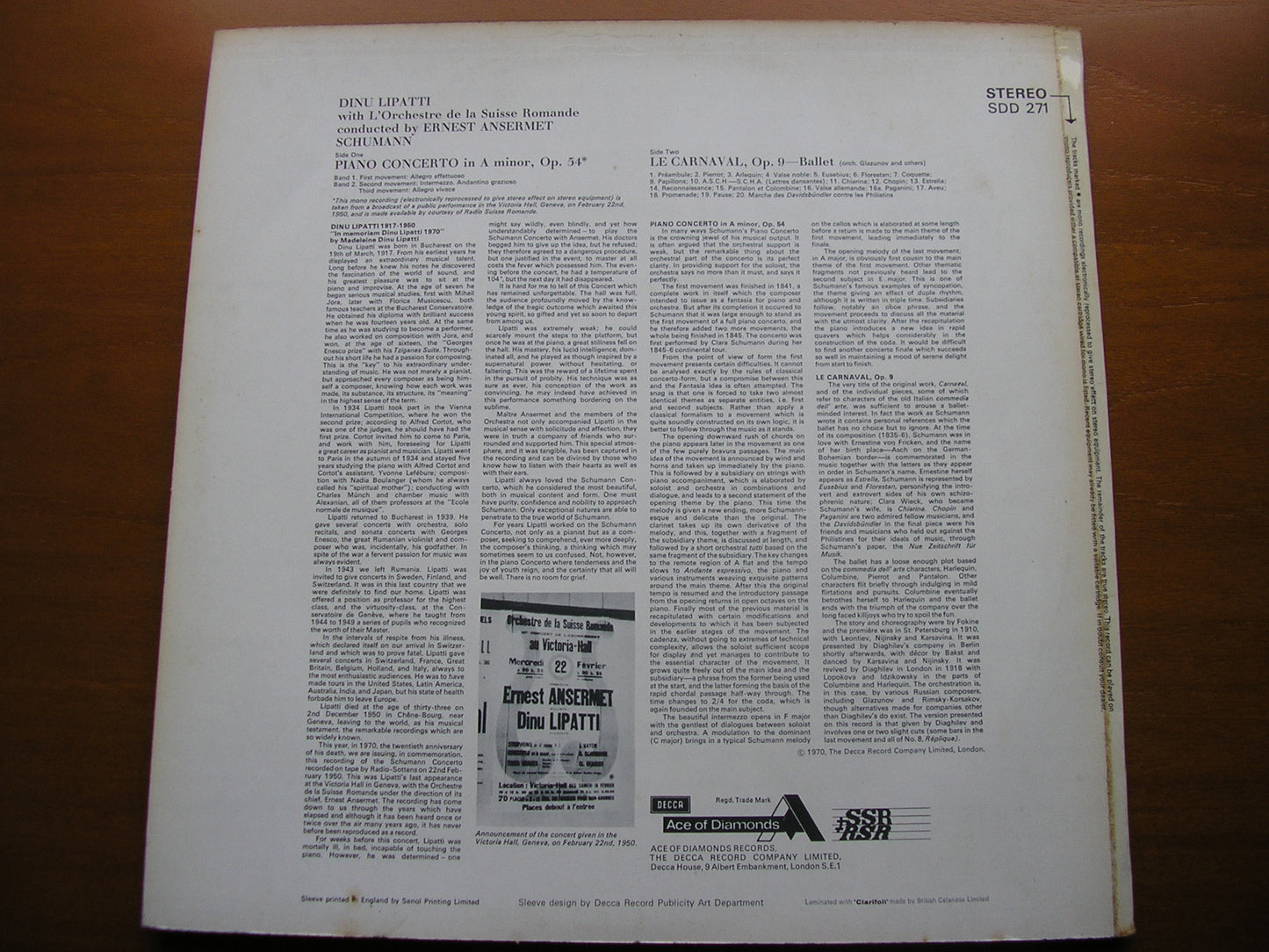 SCHUMANN: PIANO CONCERTO / LE CARNIVAL ballet music    LIPATTI / SUISSE ROMANDE / ANSERMET     SDD 271