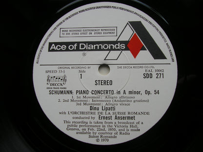 SCHUMANN: PIANO CONCERTO / LE CARNIVAL ballet music    LIPATTI / SUISSE ROMANDE / ANSERMET     SDD 271