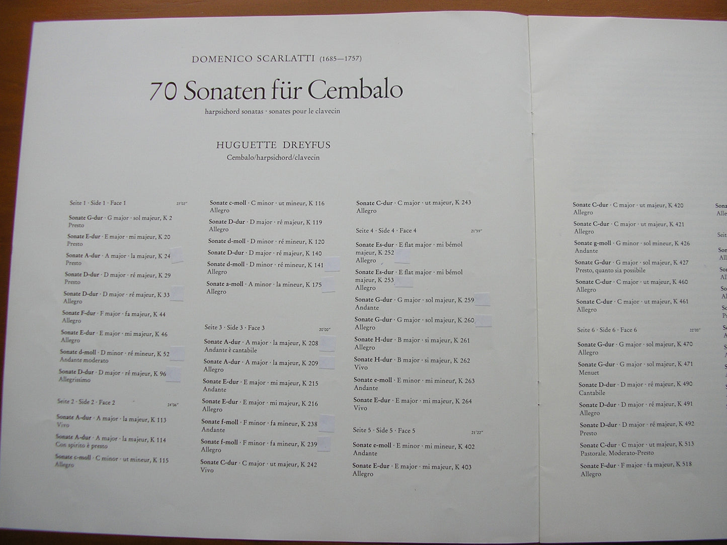 DOMENICO SCARLATTI: 70 SONATAS FOR HARPSICHORD      HUGUETTE DREYFUS    4 LP    6.35086
