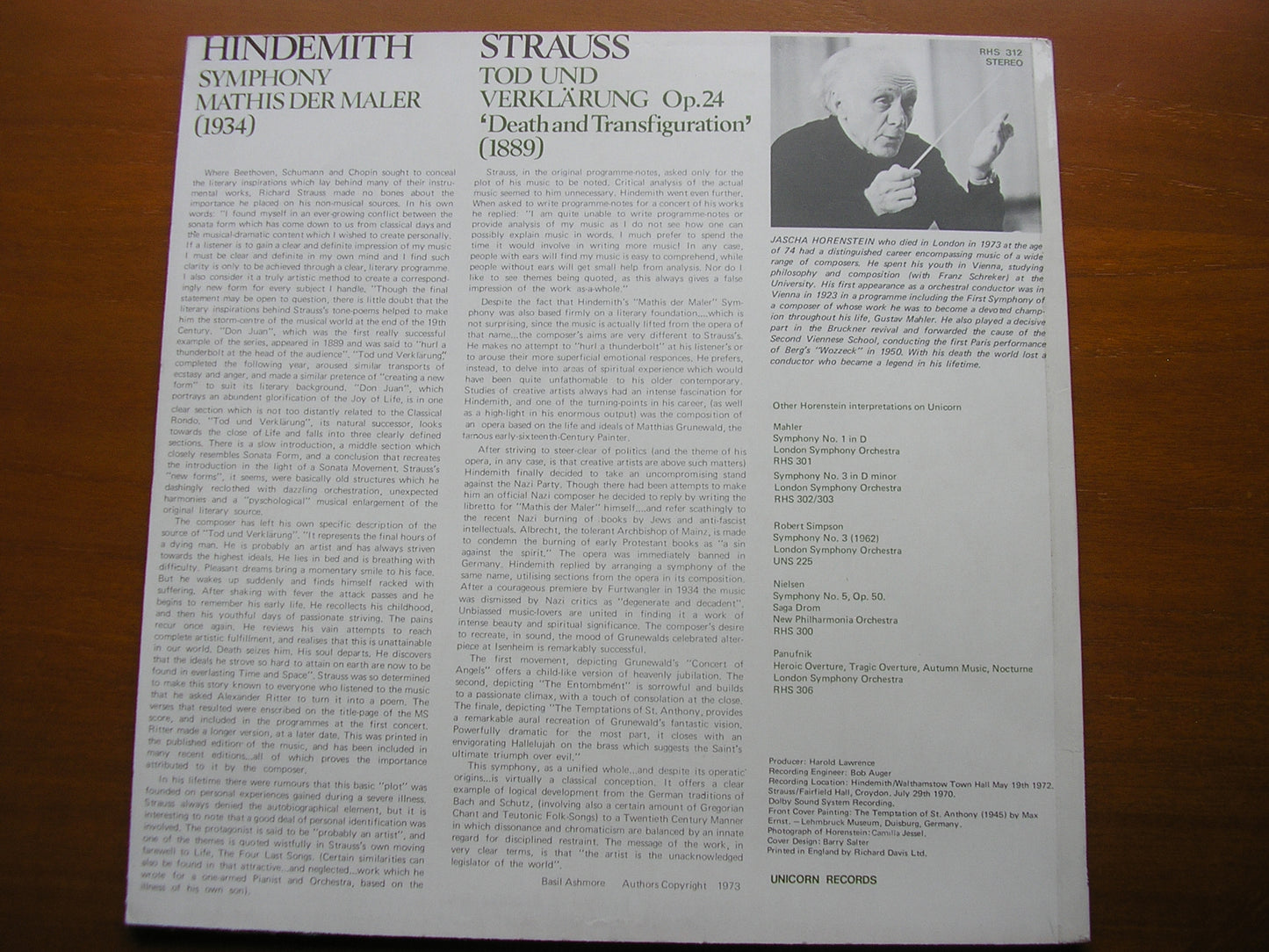 HINDEMITH: MATHIS DER MALER / STRAUSS: TOD UND VERKLARUNG     HORENSTEIN / LONDON SYMPHONY      RHS 312