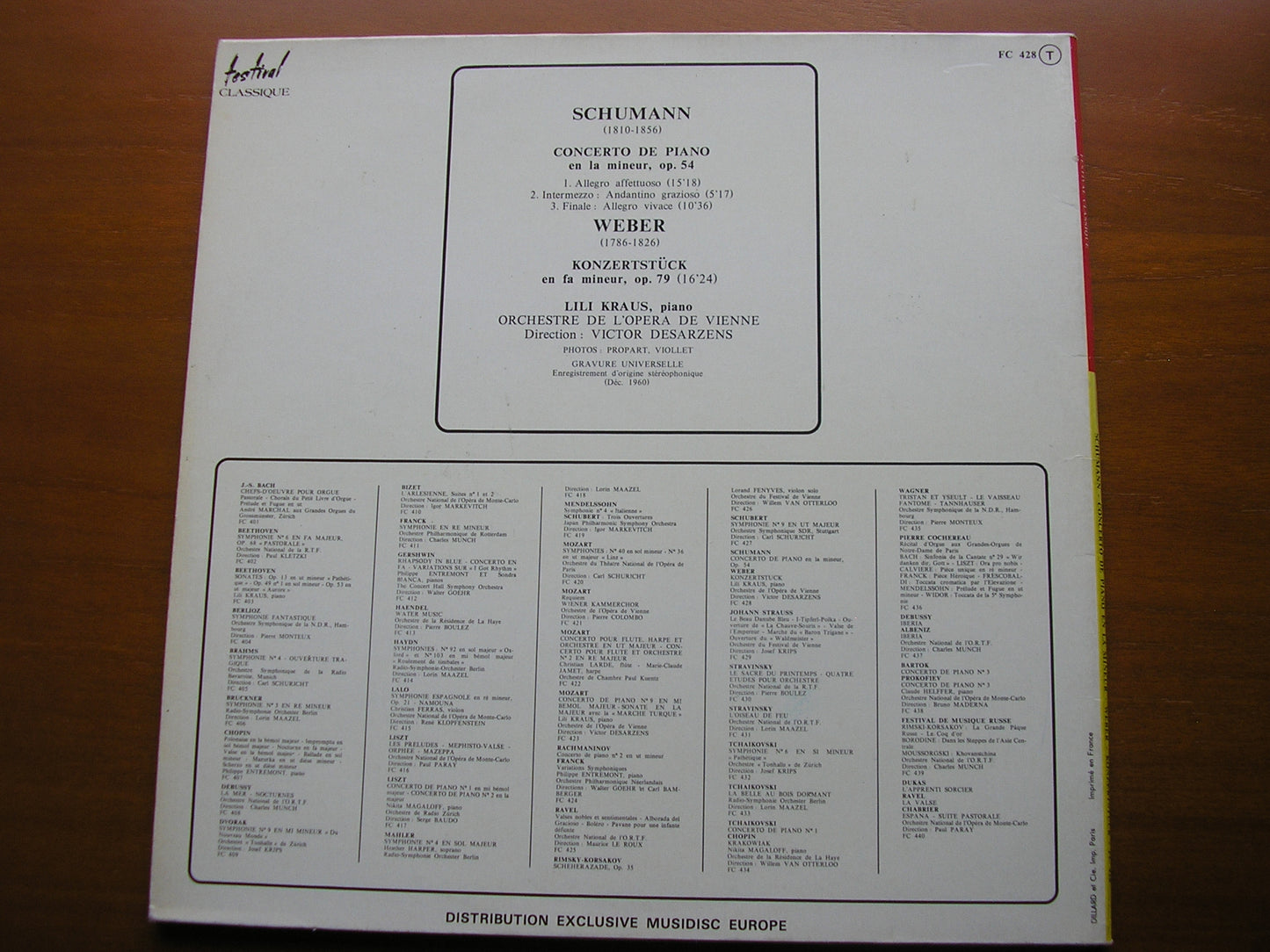SCHUMANN: PIANO CONCERTO / WEBER: KONZERTSTUCK   LILI KRAUS / VIENNA OPERA ORCHESTRA / DESARZENS    FC 428