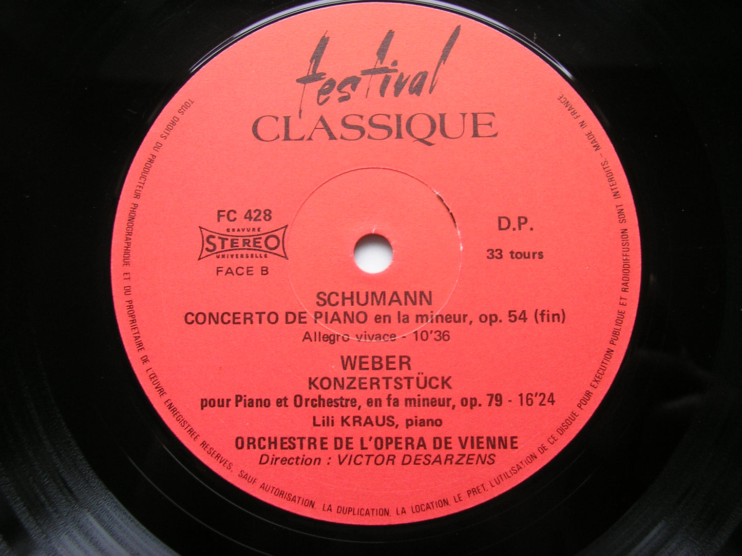 SCHUMANN: PIANO CONCERTO / WEBER: KONZERTSTUCK   LILI KRAUS / VIENNA OPERA ORCHESTRA / DESARZENS    FC 428