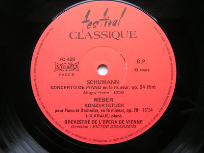 SCHUMANN: PIANO CONCERTO / WEBER: KONZERTSTUCK   LILI KRAUS / VIENNA OPERA ORCHESTRA / DESARZENS    FC 428