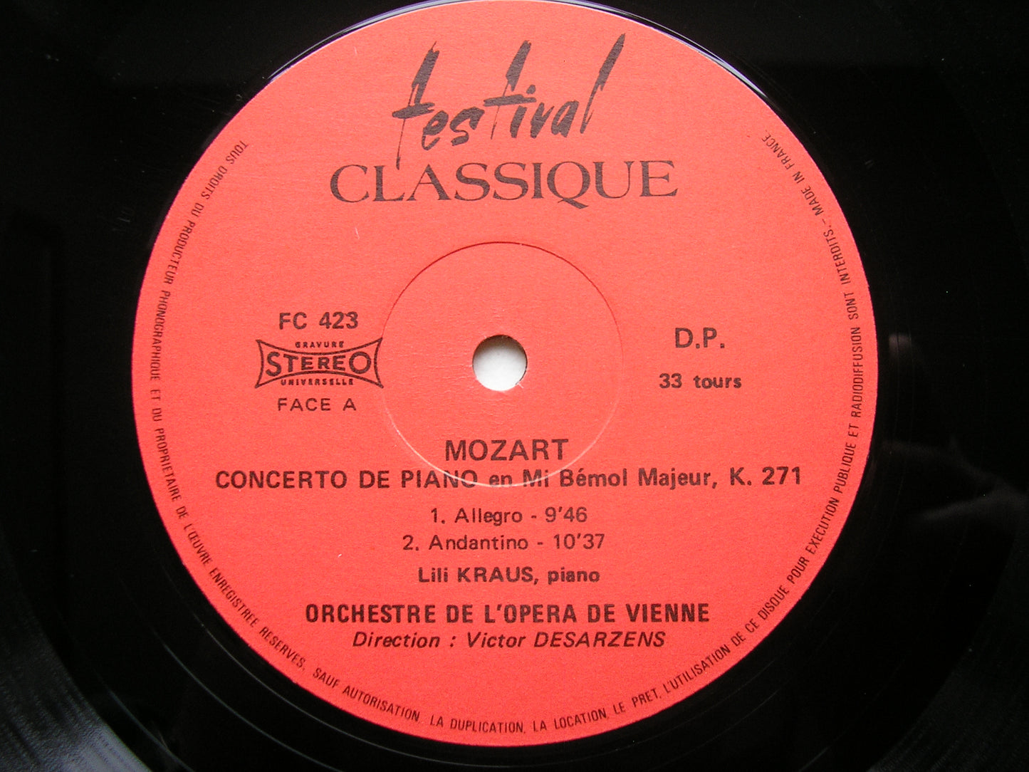 MOZART: PIANO CONCERTO No. 9 / SONATA K331     LILI KRAUS / VIENNA OPERA ORCHESTRA / DESARZENS    FC 423