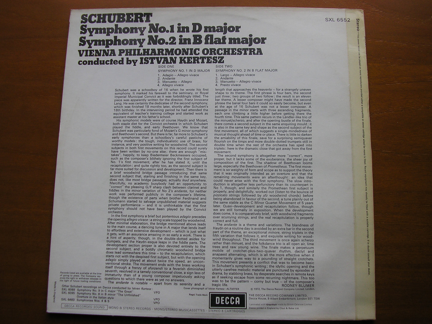 SCHUBERT: SYMPHONIES Nos. 1 & 2    ISTVAN KERTESZ / VIENNA PHILHARMONIC ORCHESTRA    SXL 6552